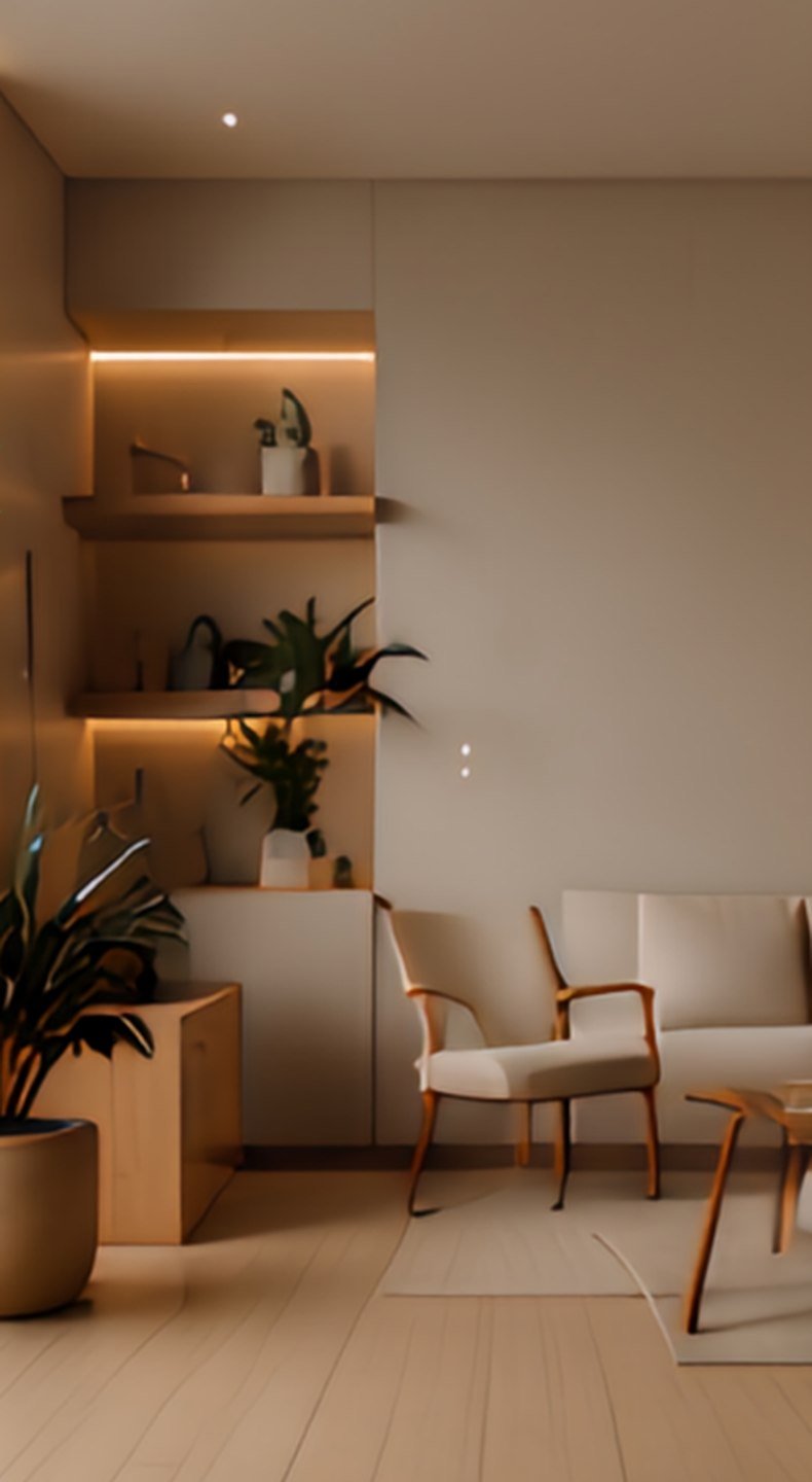 Ambiente interno planejado pela Maar, com marcenaria sob medida e iluminação embutida